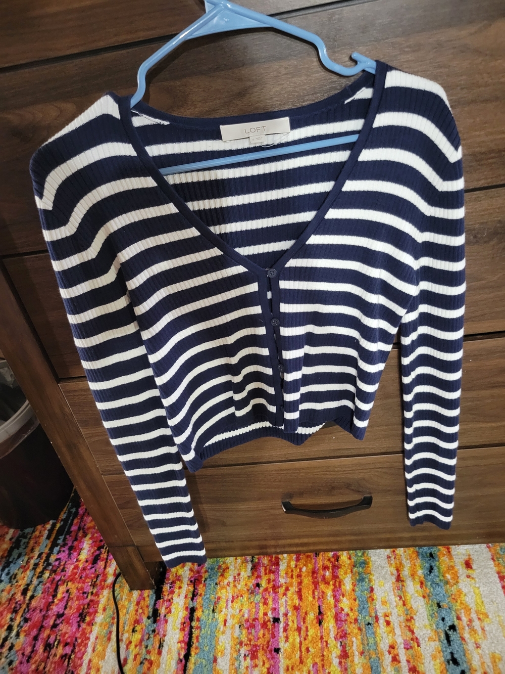 LOFT Navy and White Striped V-Neck Ribbed Button Cardigan